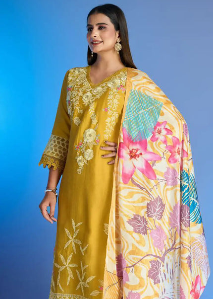 Yellow Embroidered Pant Style Suit