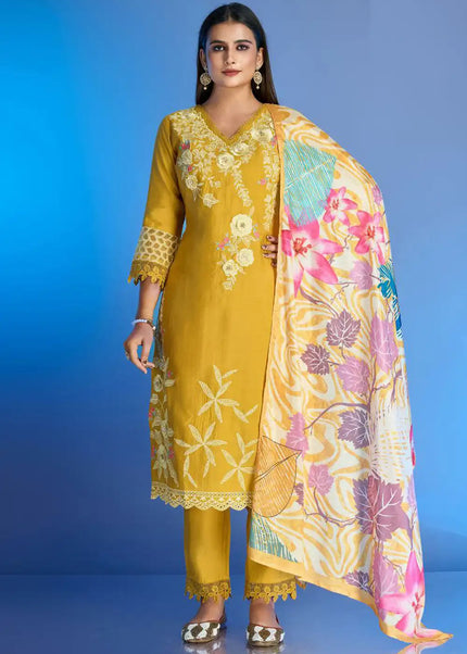 Yellow Embroidered Pant Style Suit