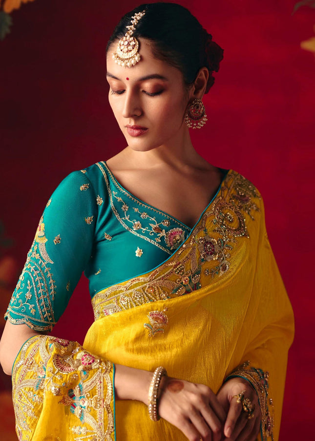 Yellow and Teal Embroidered Festive Saree