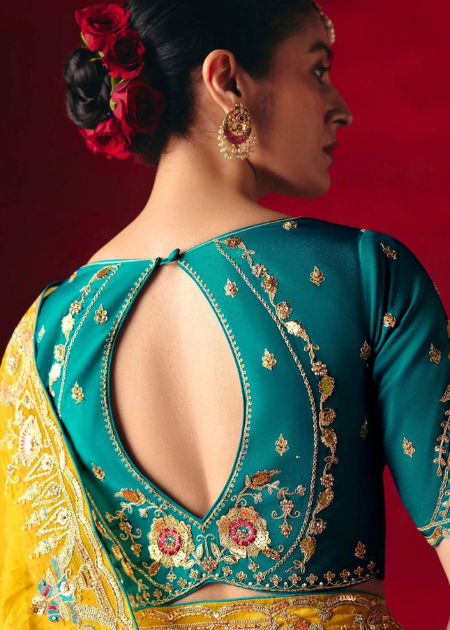 Yellow and Teal Embroidered Festive Saree