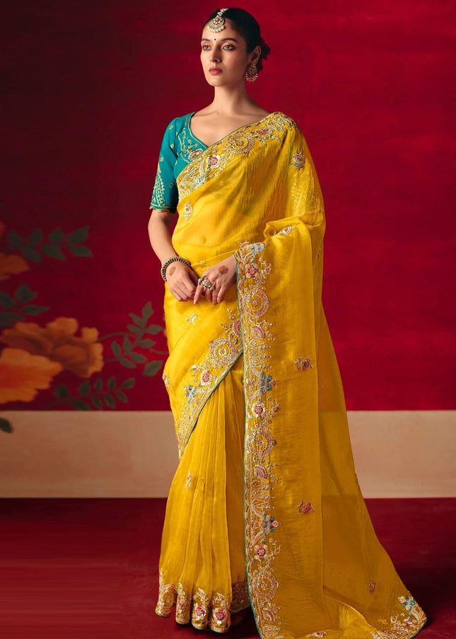 Yellow and Teal Embroidered Festive Saree