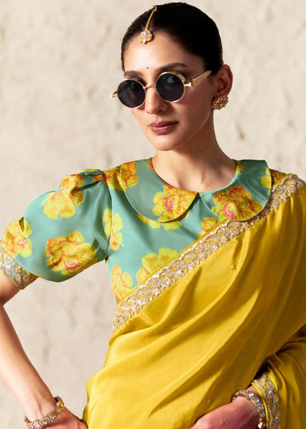 Yellow and Sea Green Printed and Embroidered Festive Saree
