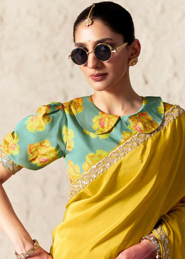 Yellow and Sea Green Printed and Embroidered Festive Saree