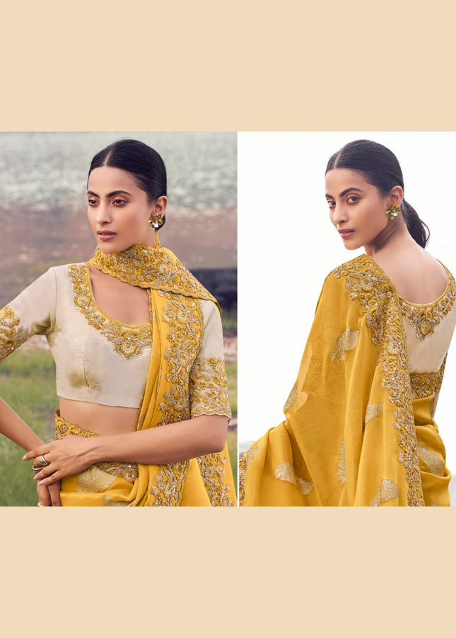 Yellow and Beige Embroidered Wedding Saree