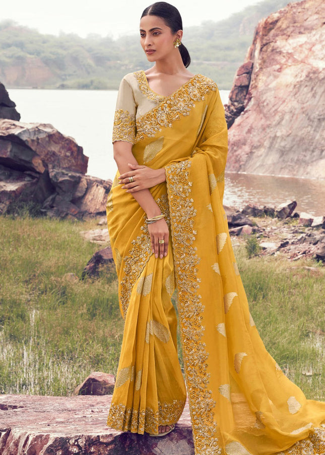 Yellow and Beige Embroidered Wedding Saree
