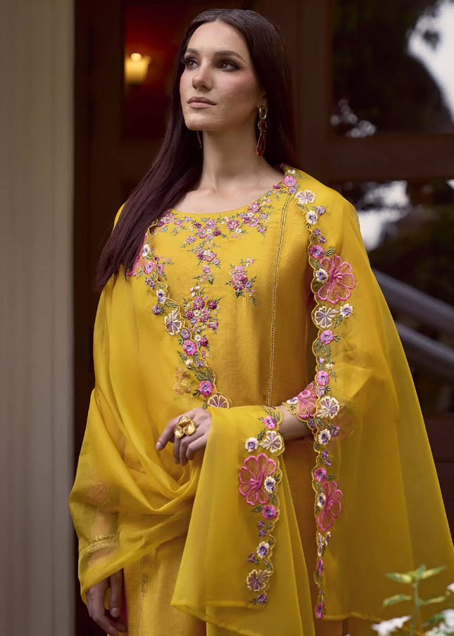 Yellow Embroidered Pant Style Suit