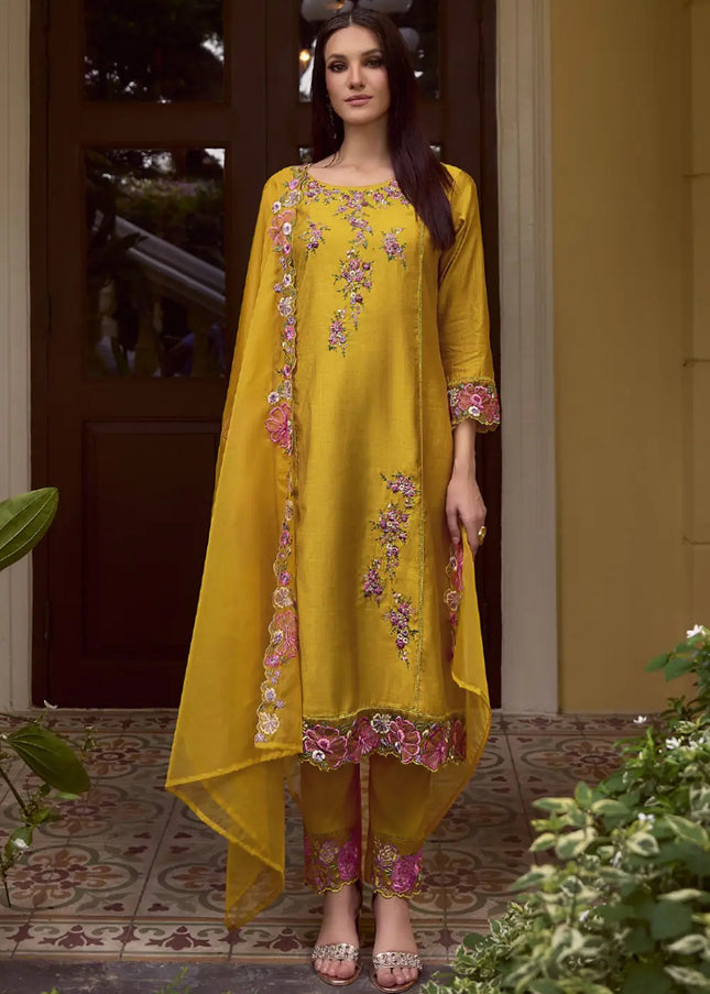 Yellow Embroidered Pant Style Suit