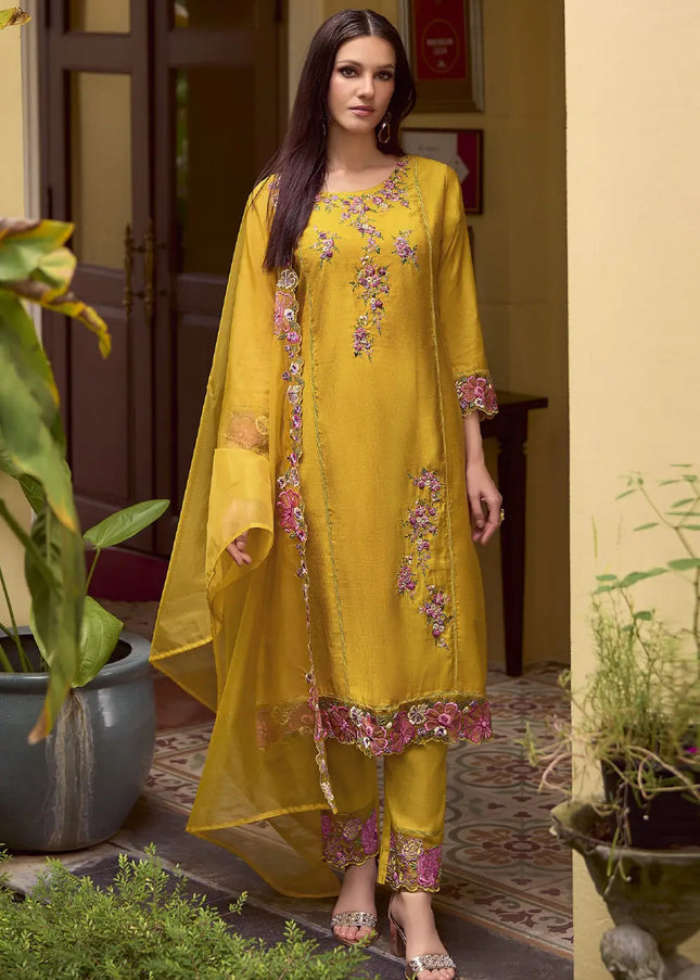 Yellow Embroidered Pant Style Suit