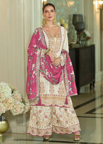 Offwhite and Pink Embroidered Palazzo Suit