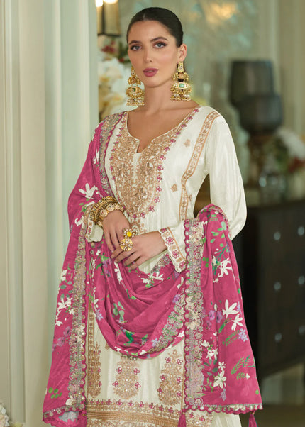 Offwhite and Pink Embroidered Palazzo Suit