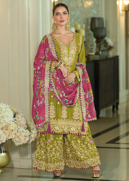Green and Pink Embroidered Palazzo Suit