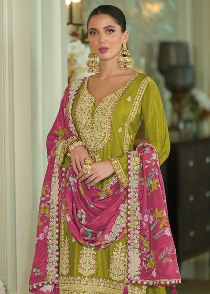 Green and Pink Embroidered Palazzo Suit