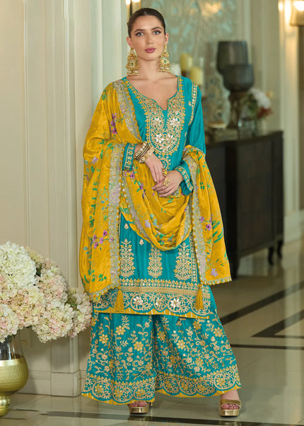 Turquoise and Yellow Embroidered Palazzo Suit