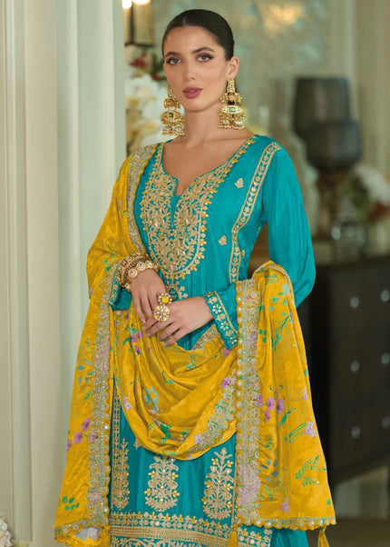 Turquoise and Yellow Embroidered Palazzo Suit