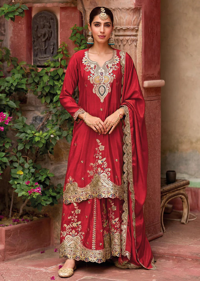 Red Embroidered Sharara Suit