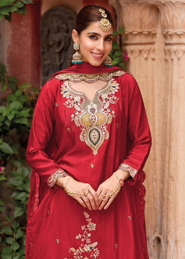 Red Embroidered Sharara Suit