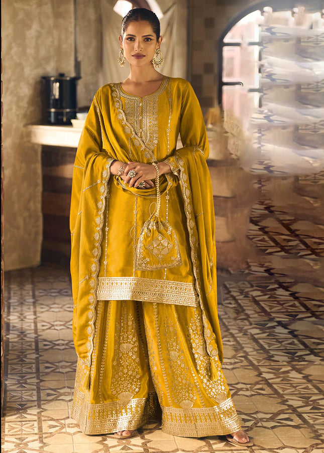 Yellow Embroidered Sharara Suit