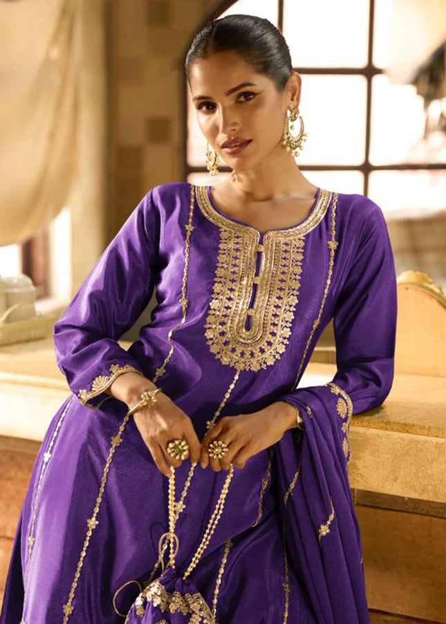 Purple Embroidered Sharara Suit