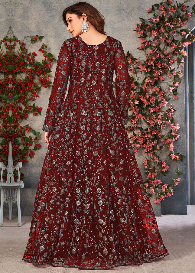 Maroon and Gold Embroidered Anarkali