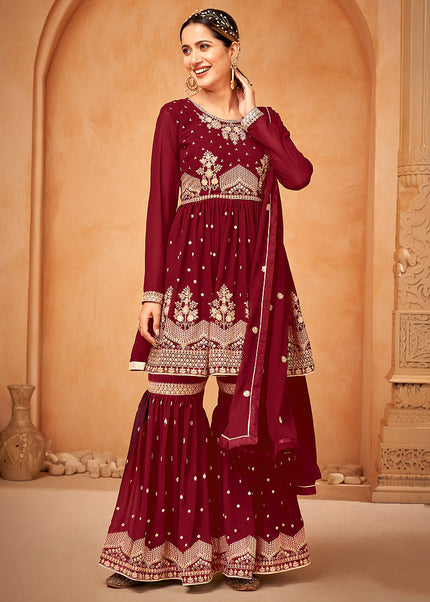 Red and Gold Embroidered Gharara Suit