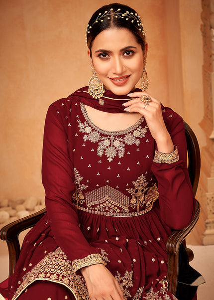 Red and Gold Embroidered Gharara Suit