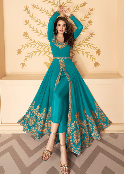 Aqua and Gold Embroidered Pant Style Anarkali