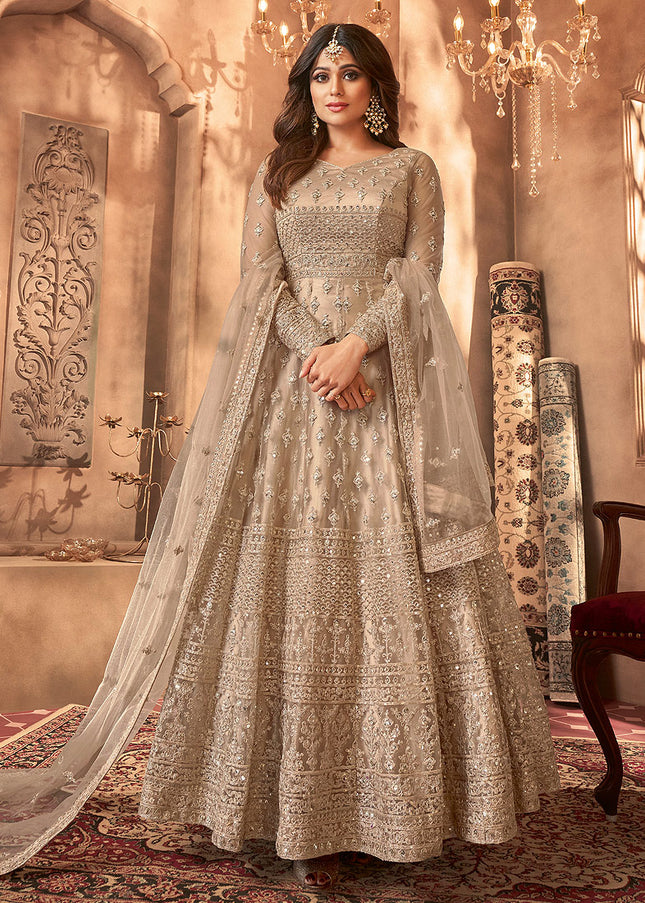 Beige Heavy Embroidered Anarkali