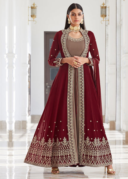 Maroon and Grey Embroidered Jacket Style Suit