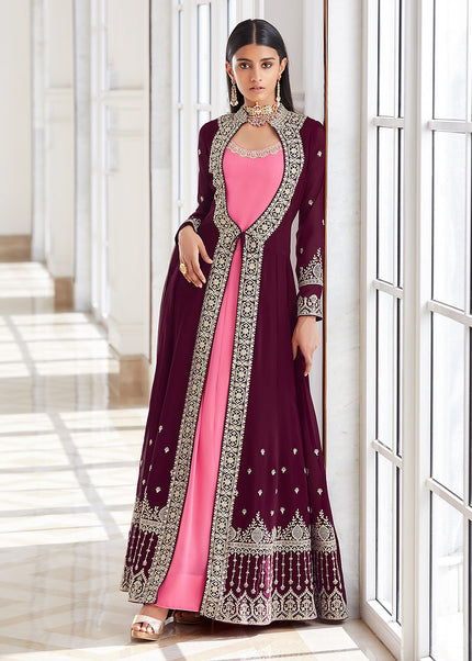 Purple and Pink Embroidered Jacket Style Suit