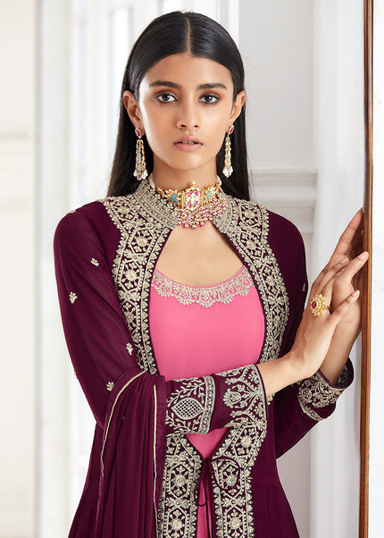 Purple and Pink Embroidered Jacket Style Suit