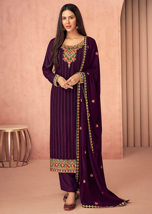 Purple and Gold Embroidered Pant Style Suit