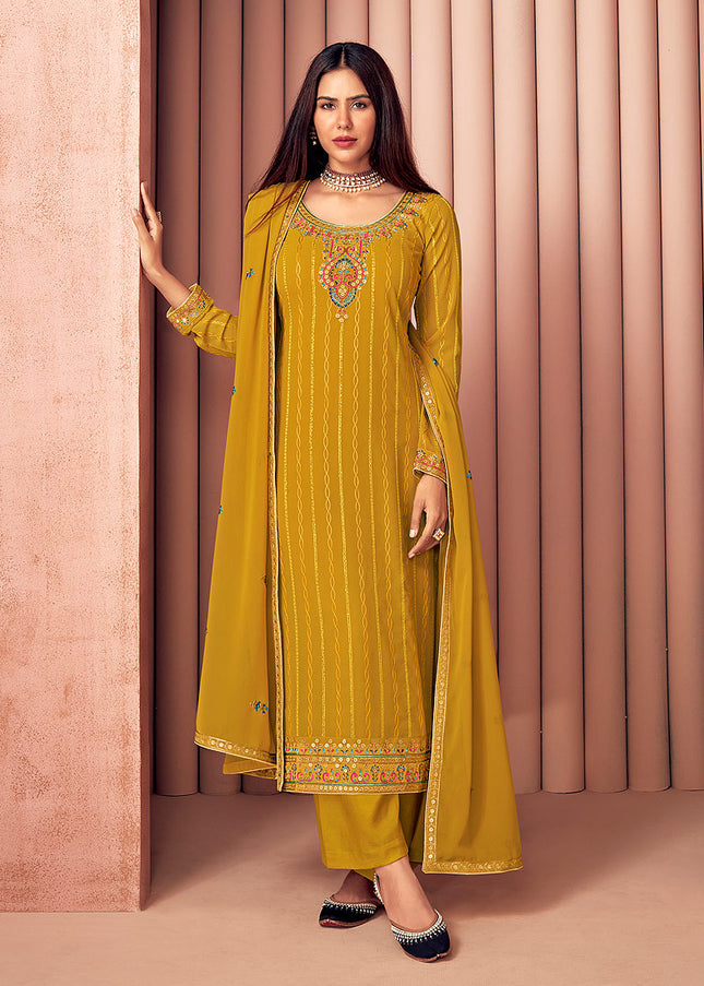 Mustard and Gold Embroidered Pant Style Suit