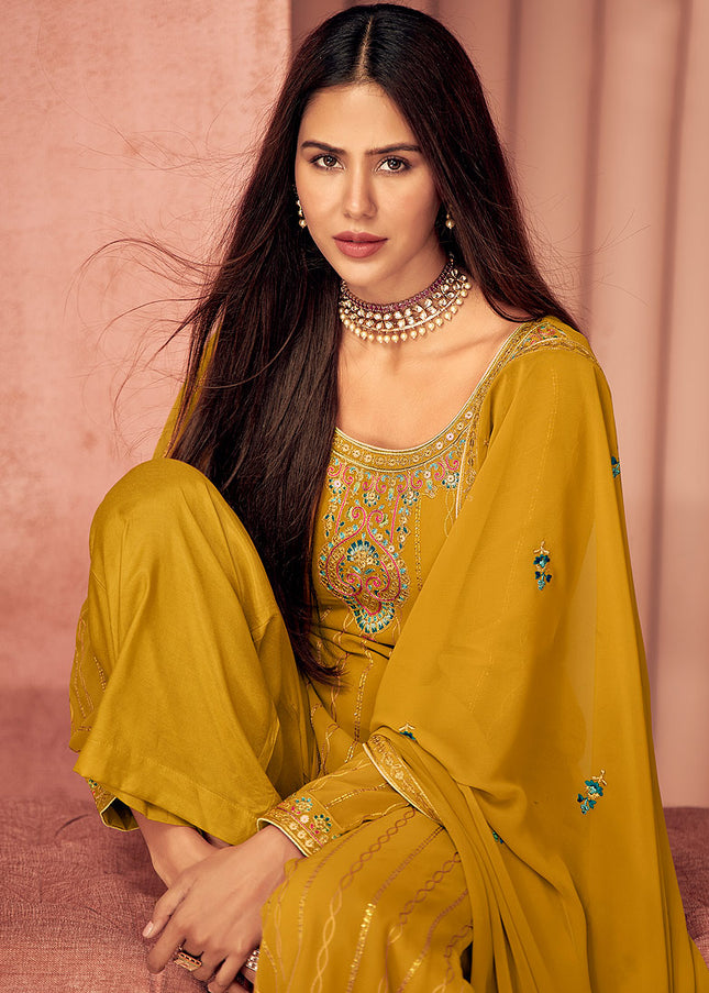 Mustard and Gold Embroidered Pant Style Suit