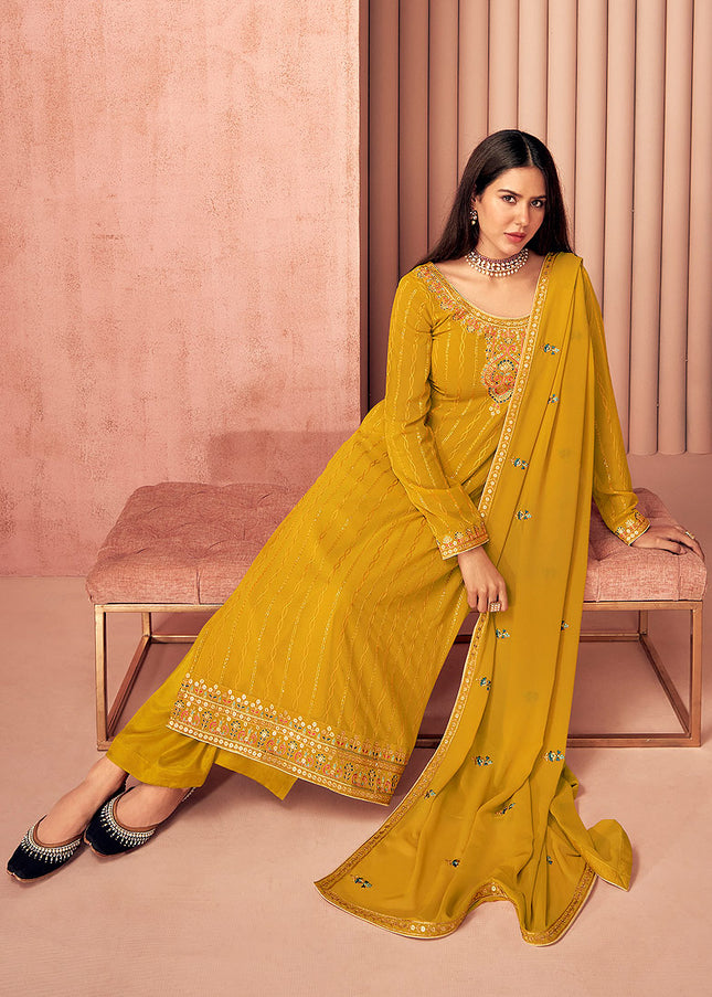 Mustard and Gold Embroidered Pant Style Suit