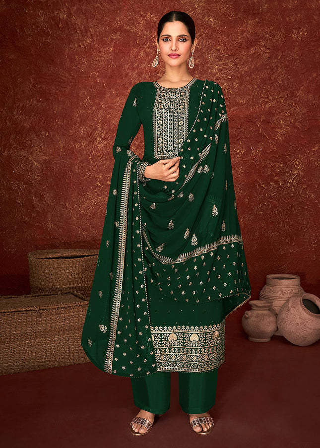 Green and Gold Embroidered Pant Style Suit