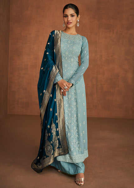 Sky Blue and Teal Embroidered Sharara Suit