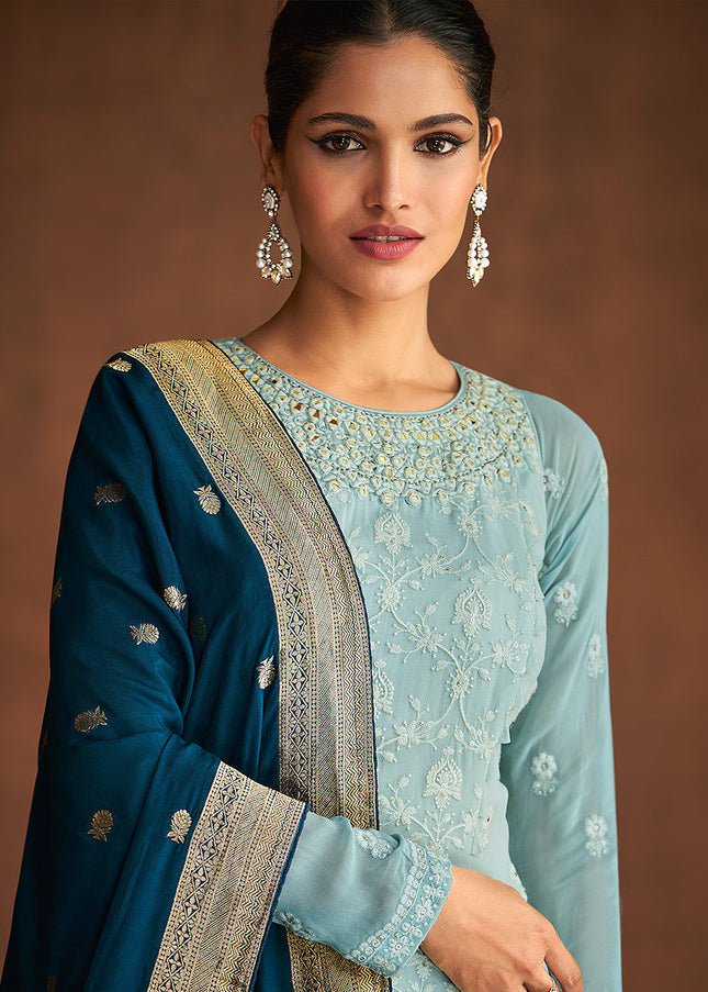 Sky Blue and Teal Embroidered Sharara Suit