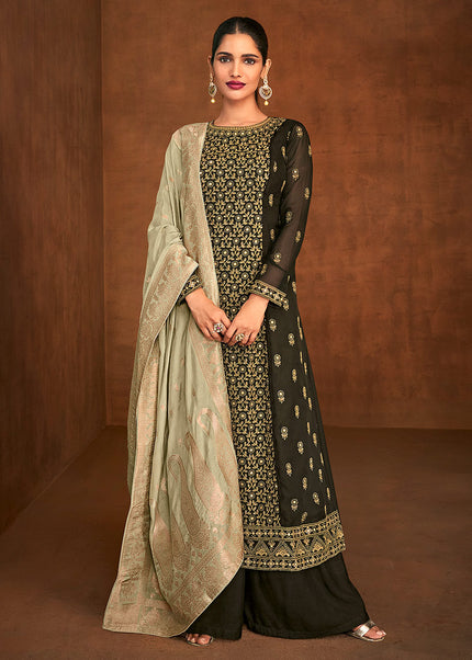 Dark Green and Gold Embroidered Sharara Suit