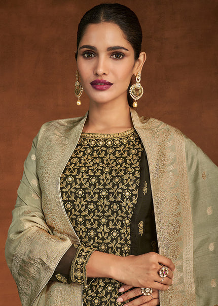 Dark Green and Gold Embroidered Sharara Suit