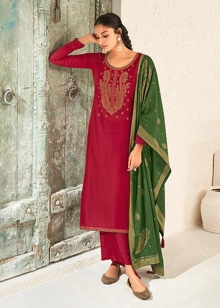 Red and Green Embroidered Pant Style Suit