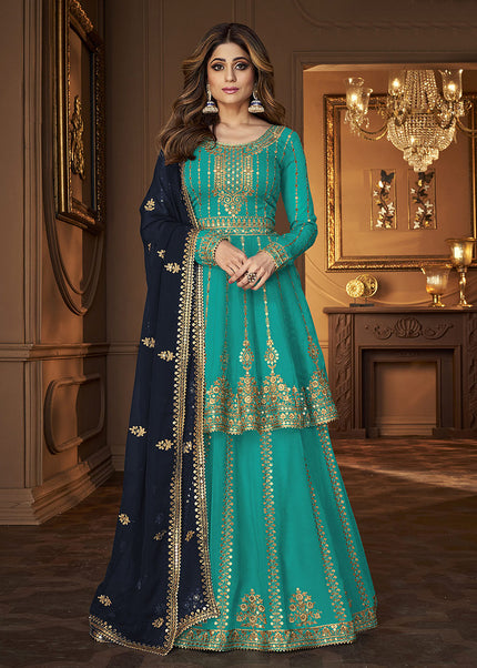 Teal and Blue Embroidered Lehenga Anarkali