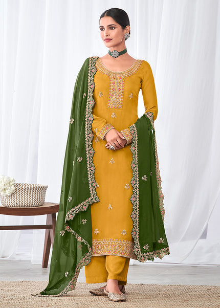 Yellow and Green Embroidered Pant Style Suit