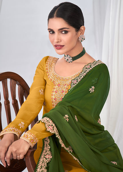 Yellow and Green Embroidered Pant Style Suit