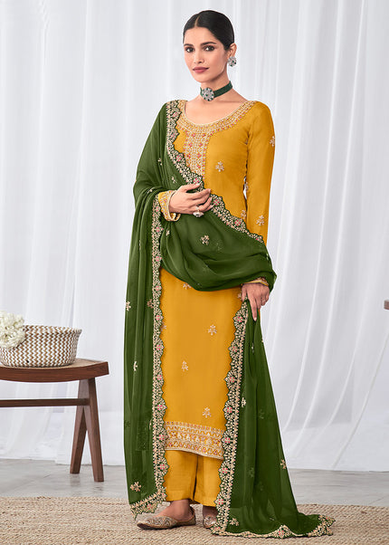 Yellow and Green Embroidered Pant Style Suit