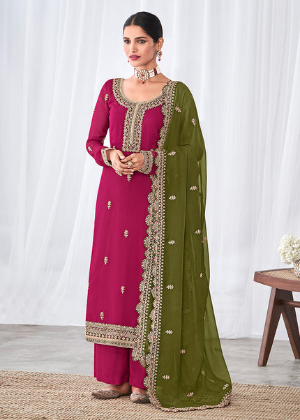 Magenta and Green Embroidered Pant Style Suit