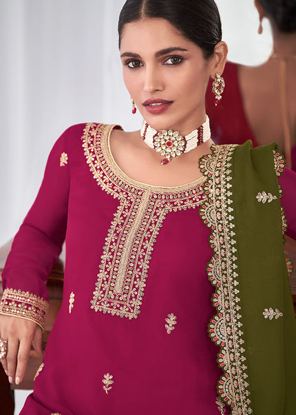 Magenta and Green Embroidered Pant Style Suit