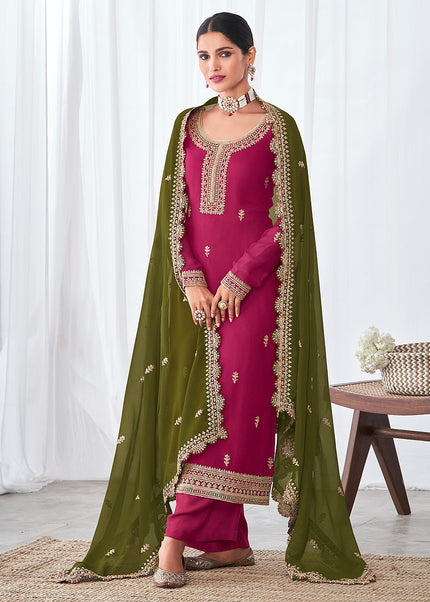 Magenta and Green Embroidered Pant Style Suit