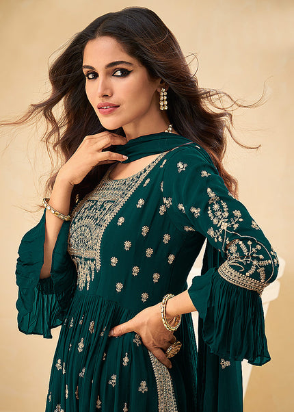 Teal and Gold Embroidered Sharara Suit