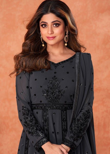Grey and Black Embroidered Anarkali
