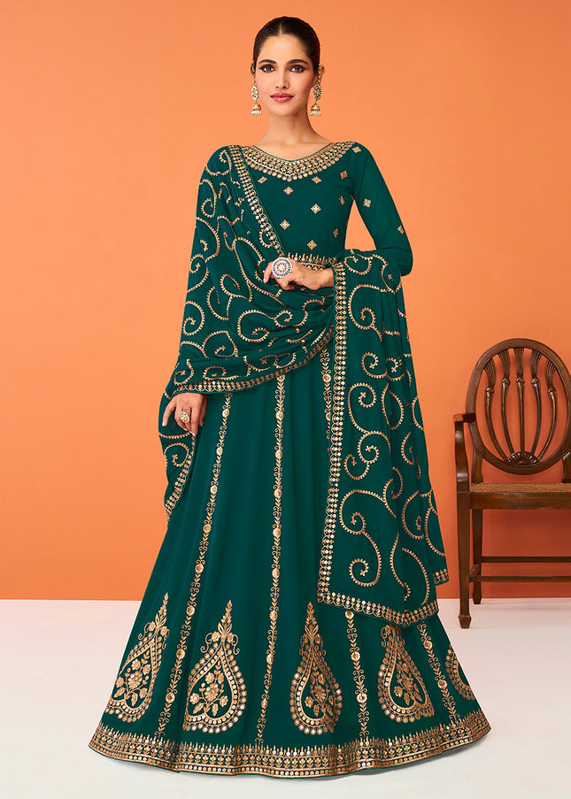 Teal and Gold Embroidered Anarkali